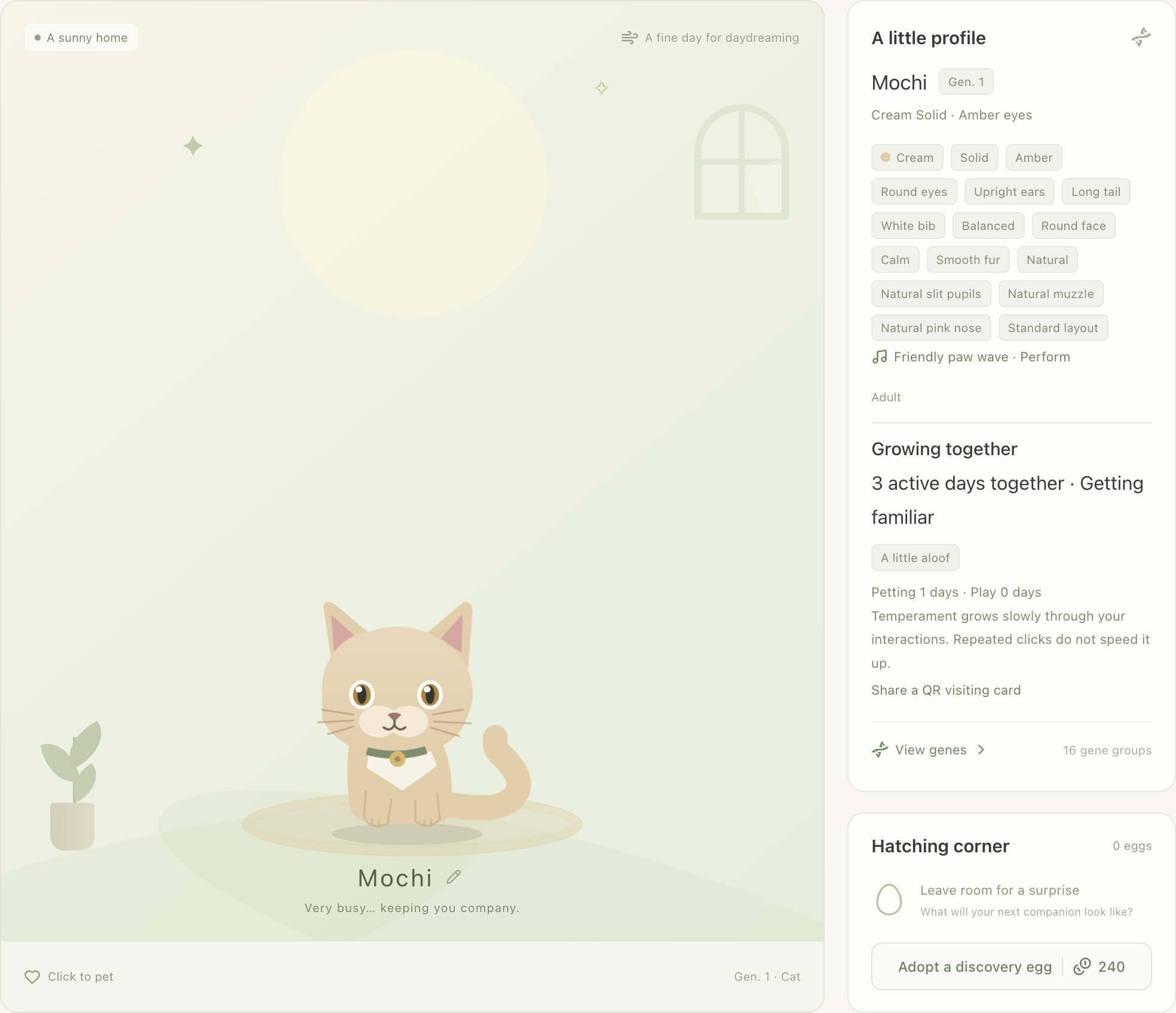 Pawprint home with a cat, inherited traits and local growth rewards